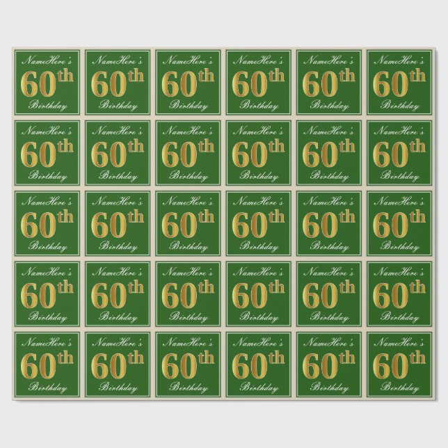 Elegant, Green, Faux Gold 60th Birthday + Name Wrapping Paper (Flat)