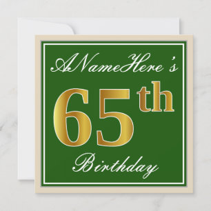 Elegant, Green, Faux Gold 65th Birthday + Name Invitation