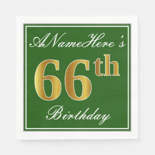 Elegant Green, Faux Gold 66th Birthday + Name Napkin