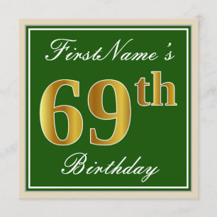 Elegant, Green, Faux Gold 69th Birthday + Name Invitation