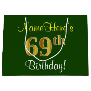 Elegant, Green, Faux Gold 69th Birthday + Name Large Gift Bag
