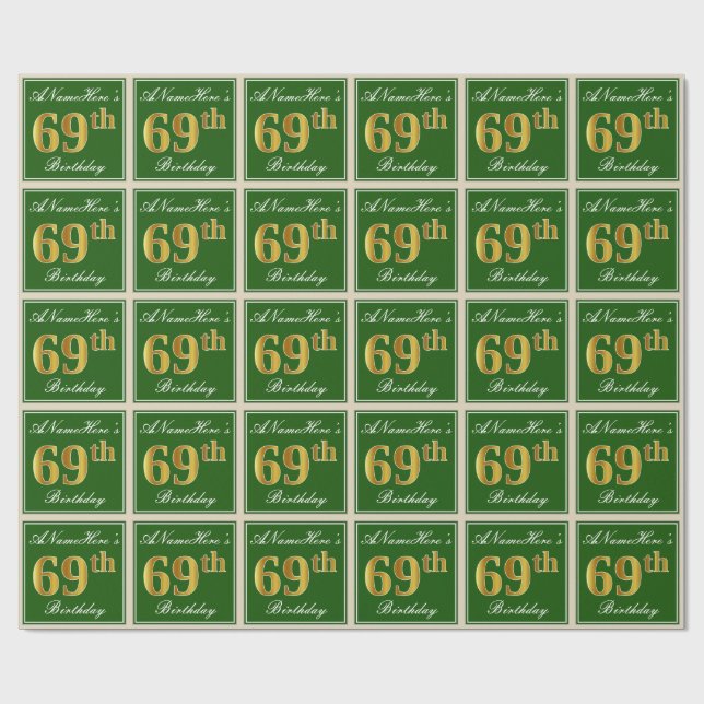 Elegant, Green, Faux Gold 69th Birthday + Name Wrapping Paper (Flat)
