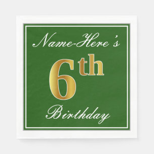 Elegant Green, Faux Gold 6th Birthday; Custom Name Napkin