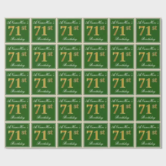 Elegant, Green, Faux Gold 71st Birthday + Name Wrapping Paper (Flat)