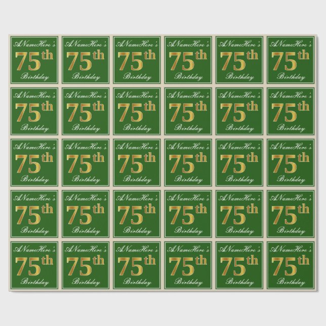 Elegant, Green, Faux Gold 75th Birthday + Name Wrapping Paper (Flat)