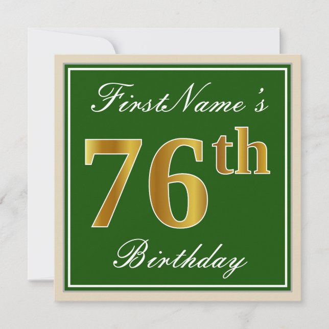 Elegant, Green, Faux Gold 76th Birthday + Name Invitation (Front)