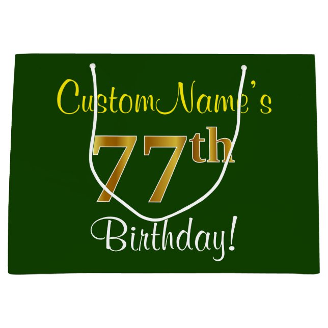 Elegant, Green, Faux Gold 77th Birthday + Name Large Gift Bag (Front)