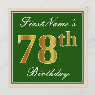 Elegant, Green, Faux Gold 78th Birthday + Name Invitation