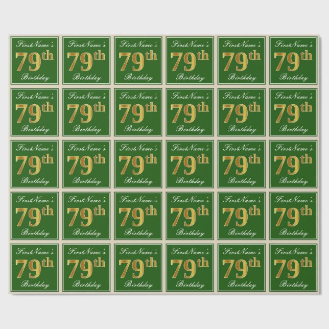 Elegant, Green, Faux Gold 79th Birthday + Name Wrapping Paper (Flat)