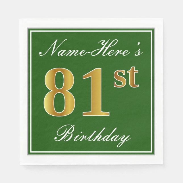 Elegant Green, Faux Gold 81st Birthday + Name Napkin (Front)