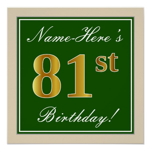 Elegant, Green, Faux Gold 81st Birthday + Name Poster (Front)