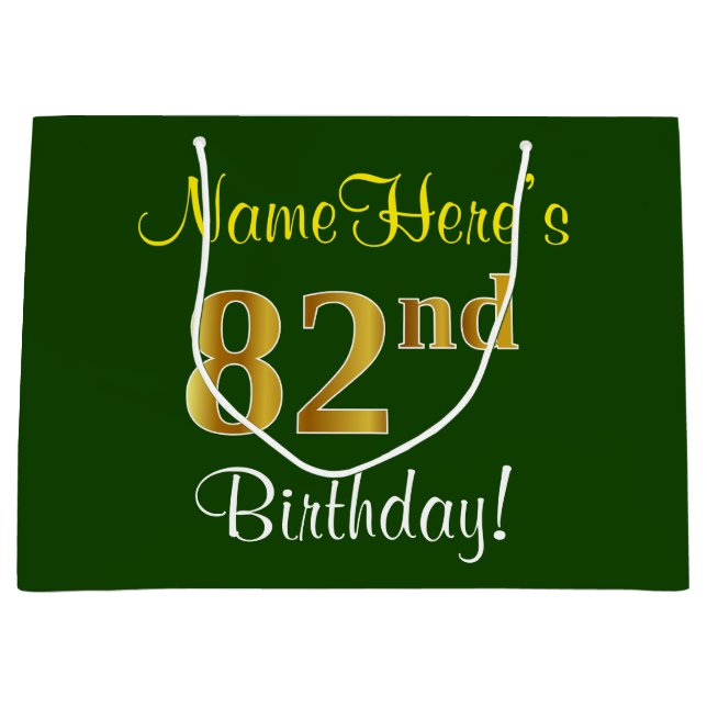 Elegant, Green, Faux Gold 82nd Birthday + Name Large Gift Bag (Front)