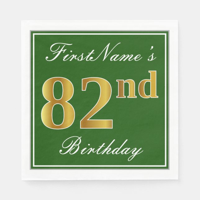 Elegant Green, Faux Gold 82nd Birthday + Name Napkin (Front)