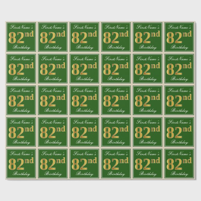 Elegant, Green, Faux Gold 82nd Birthday + Name Wrapping Paper (Flat)
