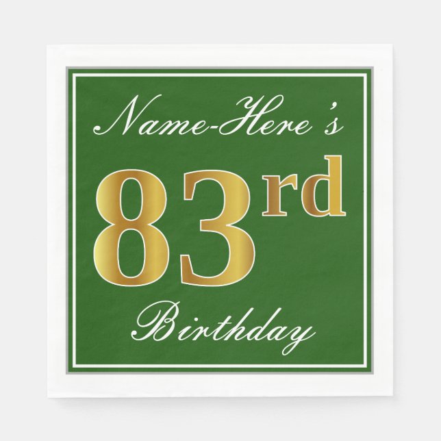 Elegant Green, Faux Gold 83rd Birthday + Name Napkin (Front)