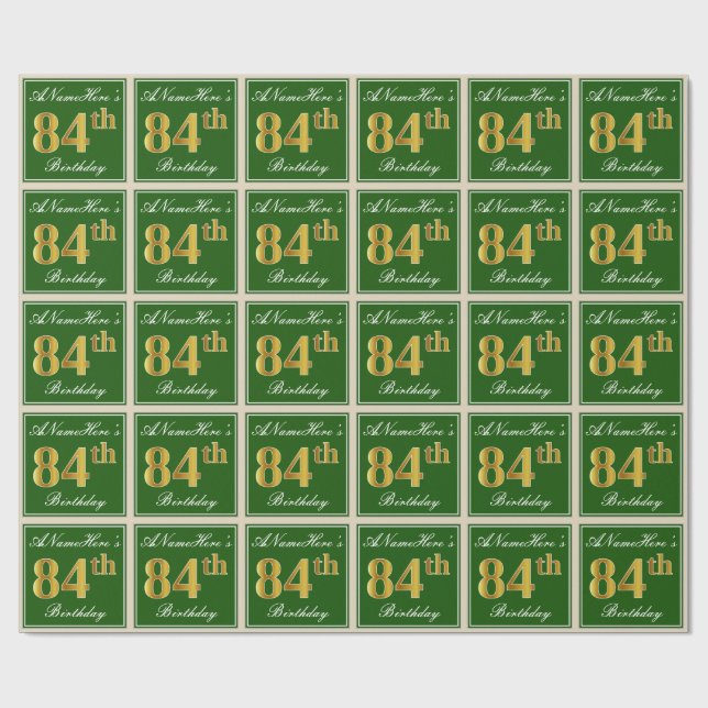 Elegant, Green, Faux Gold 84th Birthday + Name Wrapping Paper (Flat)