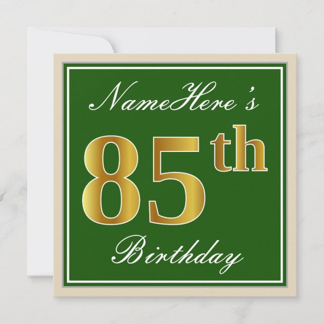 Elegant, Green, Faux Gold 85th Birthday + Name Invitation (Front)