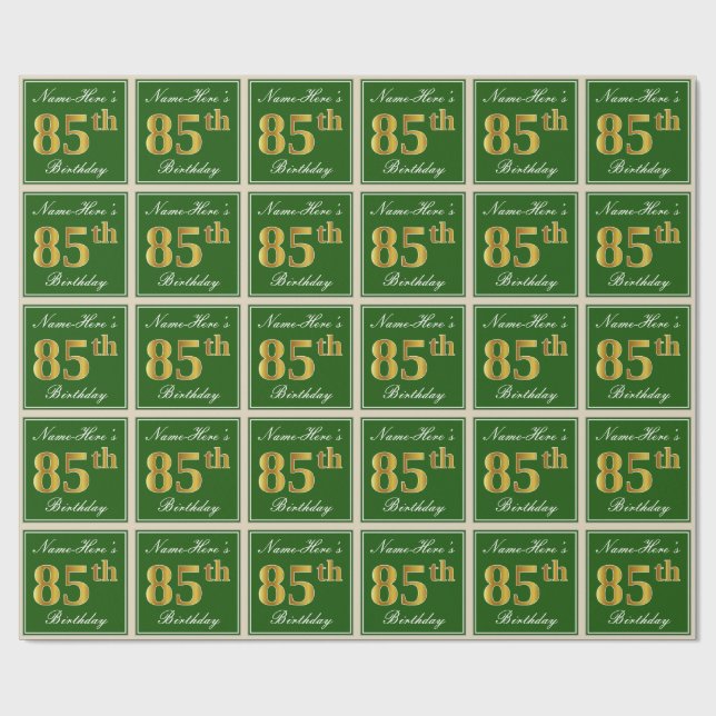 Elegant, Green, Faux Gold 85th Birthday + Name Wrapping Paper (Flat)