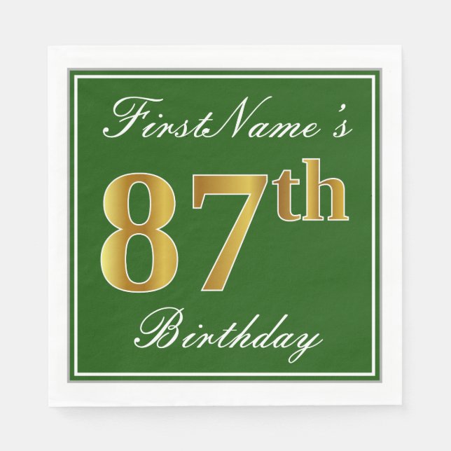Elegant Green, Faux Gold 87th Birthday + Name Napkin (Front)