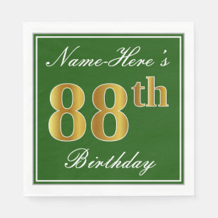Elegant Green, Faux Gold 88th Birthday + Name Napkin