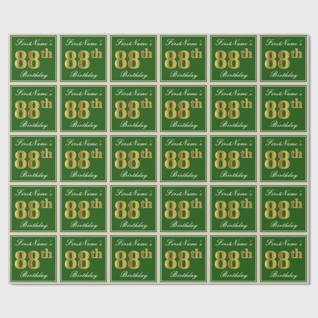 Elegant, Green, Faux Gold 88th Birthday + Name Wrapping Paper (Flat)
