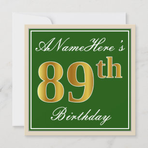 Elegant, Green, Faux Gold 89th Birthday + Name Invitation