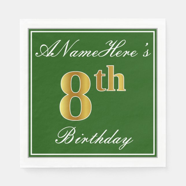 Elegant Green, Faux Gold 8th Birthday; Custom Name Napkin (Front)