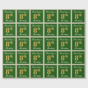 Elegant, Green, Faux Gold 8th Birthday + Name Wrapping Paper