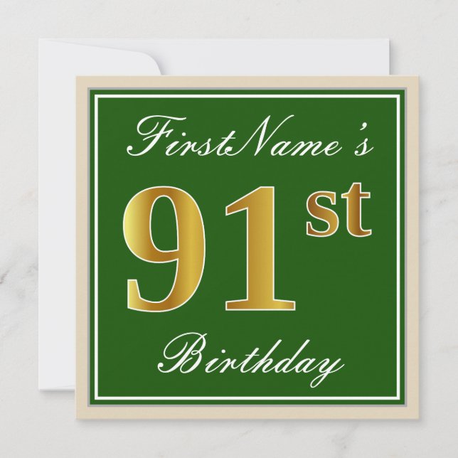Elegant, Green, Faux Gold 91st Birthday + Name Invitation (Front)