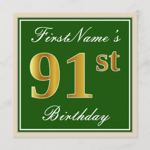 Elegant, Green, Faux Gold 91st Birthday + Name Invitation