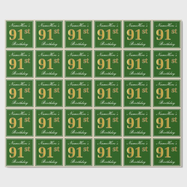Elegant, Green, Faux Gold 91st Birthday + Name Wrapping Paper (Flat)