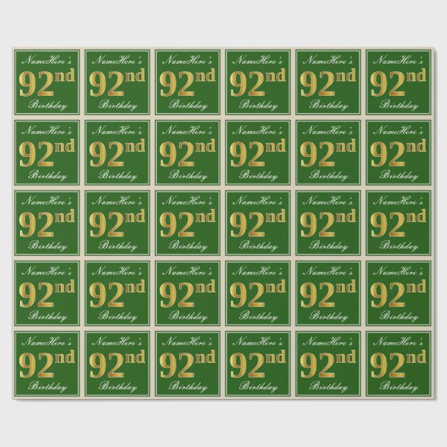 Elegant, Green, Faux Gold 92nd Birthday + Name Wrapping Paper (Flat)