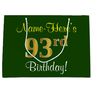 Elegant, Green, Faux Gold 93rd Birthday + Name Large Gift Bag