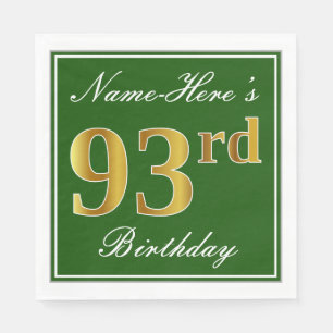Elegant Green, Faux Gold 93rd Birthday + Name Napkin