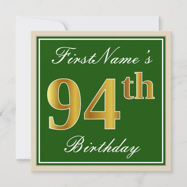 Elegant, Green, Faux Gold 94th Birthday + Name Invitation (Front)