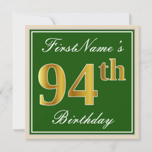 Elegant, Green, Faux Gold 94th Birthday + Name Invitation