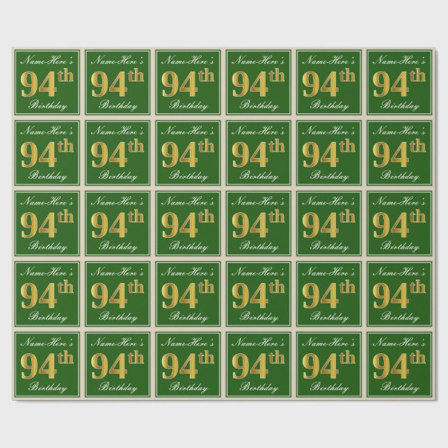 Elegant, Green, Faux Gold 94th Birthday + Name Wrapping Paper (Flat)