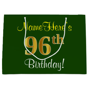Elegant, Green, Faux Gold 96th Birthday + Name Large Gift Bag