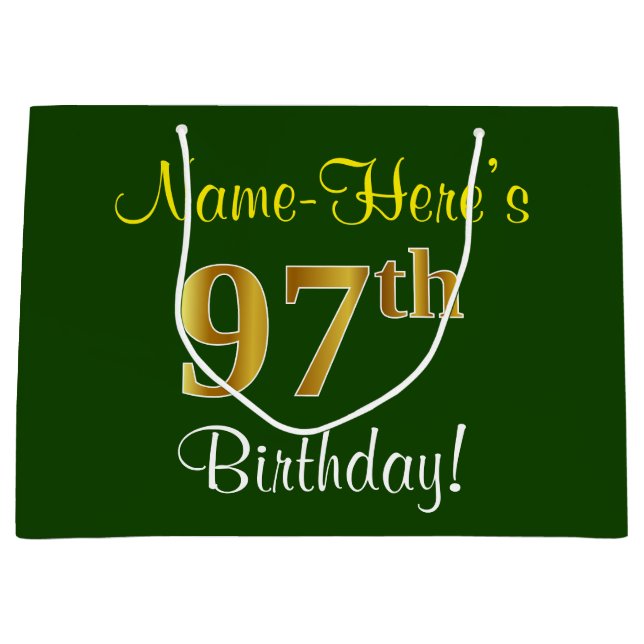 Elegant, Green, Faux Gold 97th Birthday + Name Large Gift Bag (Front)