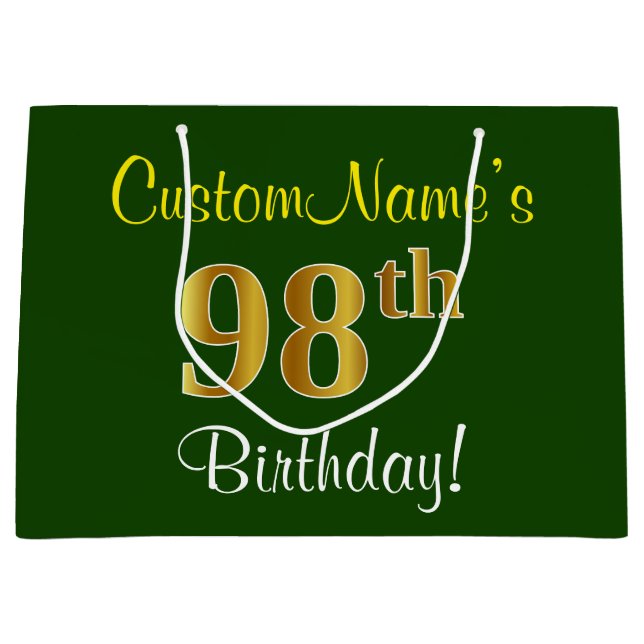 Elegant, Green, Faux Gold 98th Birthday + Name Large Gift Bag (Front)