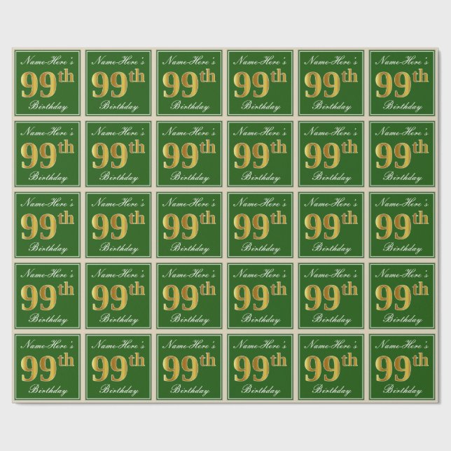 Elegant, Green, Faux Gold 99th Birthday + Name Wrapping Paper (Flat)