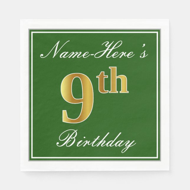 Elegant Green, Faux Gold 9th Birthday; Custom Name Napkin (Front)