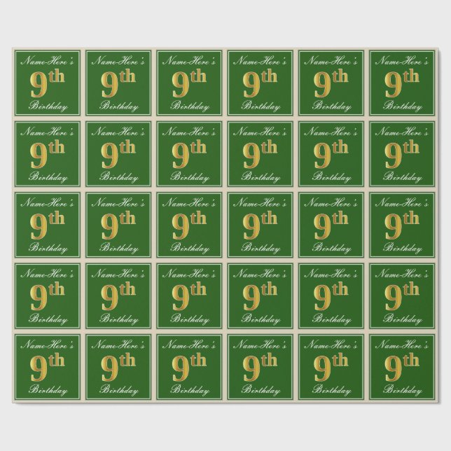 Elegant, Green, Faux Gold 9th Birthday + Name Wrapping Paper (Flat)