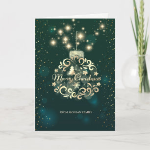 Elegant Green,Faux Gold Christmas Ball Holiday Card