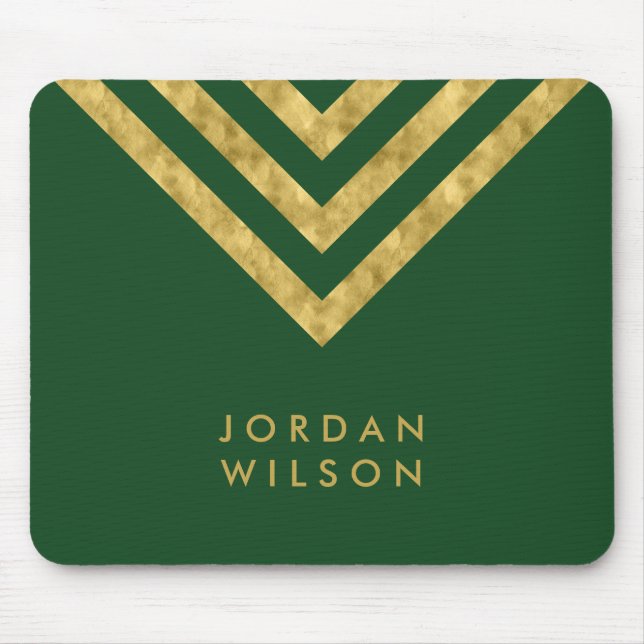 Elegant Green Faux Gold Name Chevron Geometric Mouse Pad (Front)