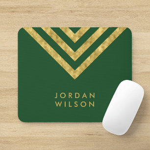 Elegant Green Faux Gold Name Chevron Geometric Mouse Pad