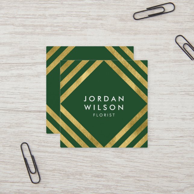 Elegant Green Faux Gold Square Lines Geometric Square Business Card (Front/Back In Situ)