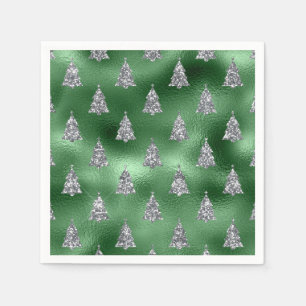 Elegant Green & Faux Silver Trees Christmas  Napkin
