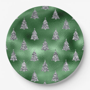 Elegant Green & Faux Silver Trees Christmas  Paper Plate
