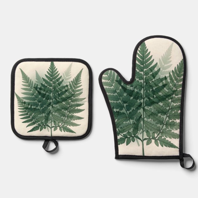 Elegant Green Fern Fronds Botanical  Oven Mitt & Pot Holder Set (Front)